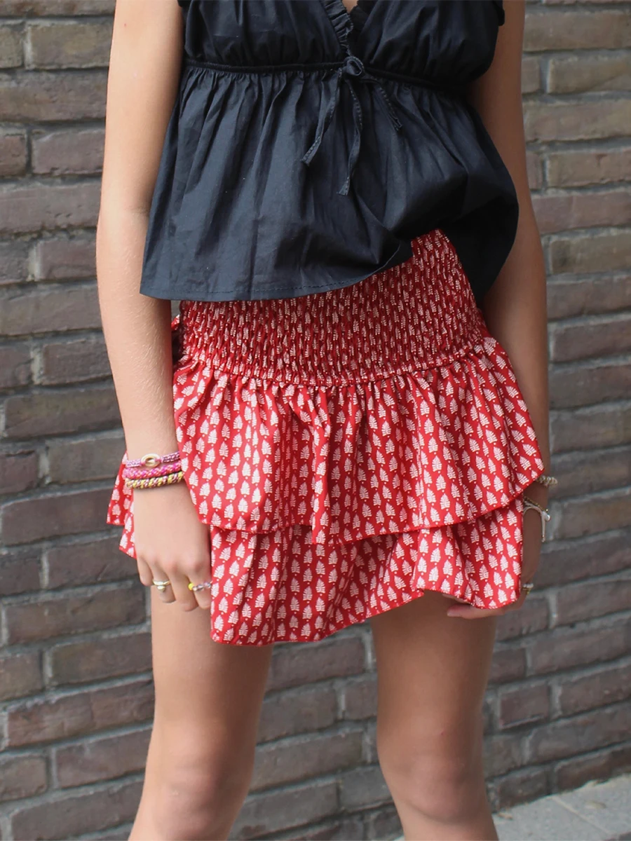 Women Mini Skirt Elegant High Waist Pleated Printed Ruffled Layered Skirt Summer A-line Skirt Streetwear