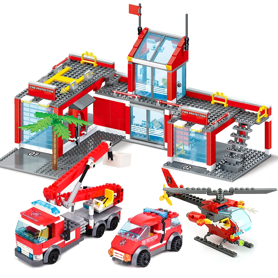 Model stacji przeciwpożarowej klocki ciężarówka helikopter strażak cegły budowa miasta zabawki edukacyjne dla dzieci prezent