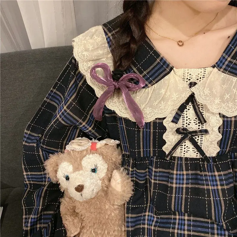 Women Spring Pajamas Korean Lace Pyjamas Long Sleeve Sweet Nightdress Doll Collar Plaid Sleepwear Casual Loose Home Wear Set