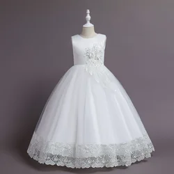 Elegant Long Flower Bridesmaid Dress for Girls - Children’s Wedding & Prom Gown (White)
