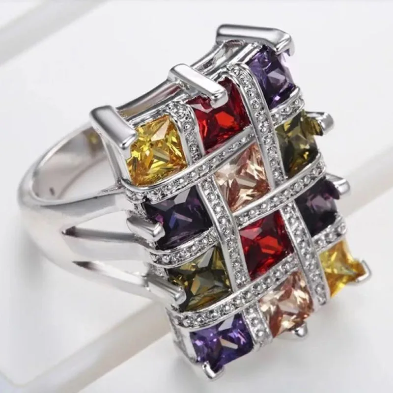 

Milangirl Boutique Women Silver Color Colorful Geometric Rings Square Big Cubic Zircon Romantic Promise Engagement Jewelry