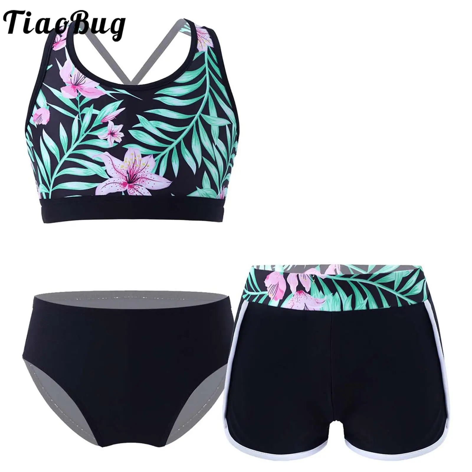 

TiaoBug 3Pcs Kids Girls Swimwear Round Neck Backless Print Crop Tops with Shorts And Briefs Set Beach Pool Rashguard Swimsuit