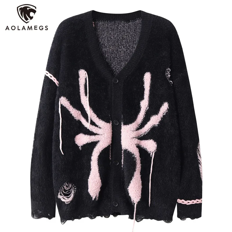 

Men Cardigan Distressed Ripped Spider Embroidery Knit Sweater Jacket Y2K High Street Oversized Loose Couple Knitwear Coat