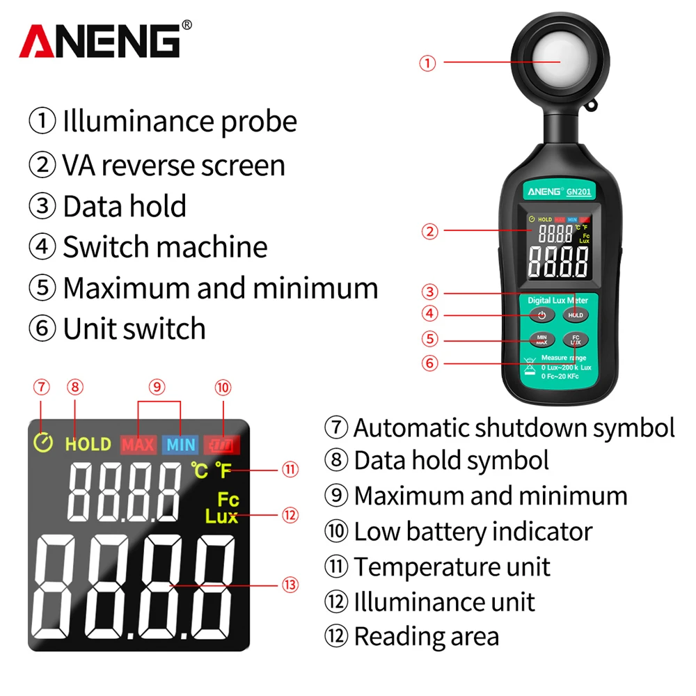 ANENG GN201 Luxmeter Digital Light Meter 200K Lux Meter Photometer UV UV Radiometer Handheld Illuminometer Photometer