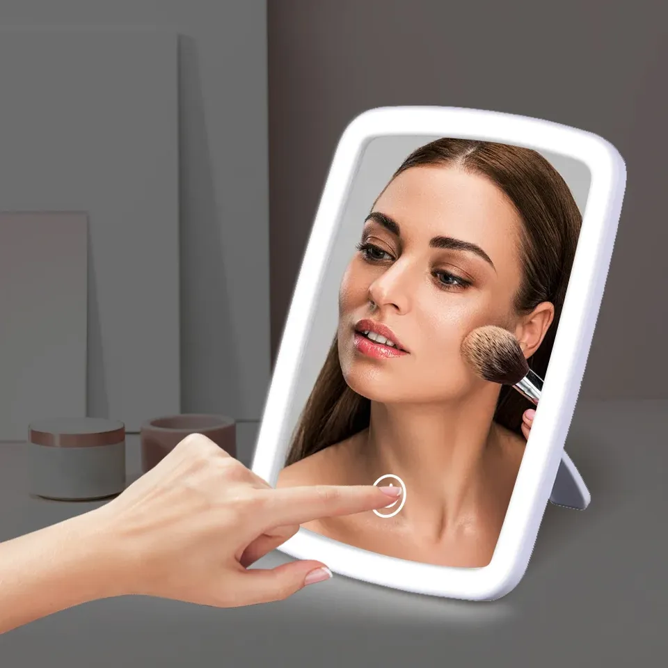 LED makeup mini mirror with stand desktop folding compact white square travel makeup mirror with light dry battery and USB plug