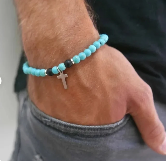Lava Turquoise Stone Cross Pendant Bracelet 6mm Elastic For Men Women Beaded Bracelet Men's stone bracelet pendant bracelet