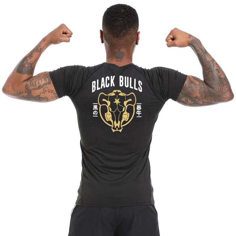 Black Bull Print Compression Shirts for Men Athletic Quick Dry Baselayers Undershirt Gym Workout Running Rash Guard Tshirt Tops