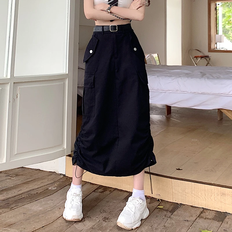 MLB korea■新作*cotton slit cargo long skirt Harajuku Cargo Skirt Women Casual Zipper Loose High Waist