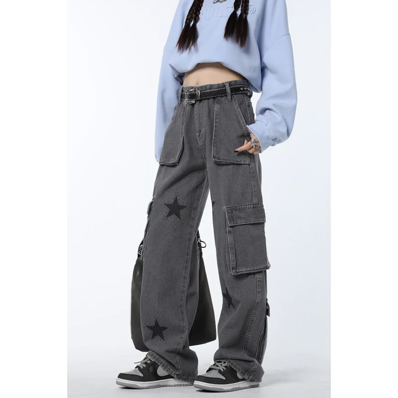 

Vintage Grey High Waist Women Jeans Straight Baggy Denim Pants Stars American Fashion Streetwear Wide Leg Jean Female Trouser