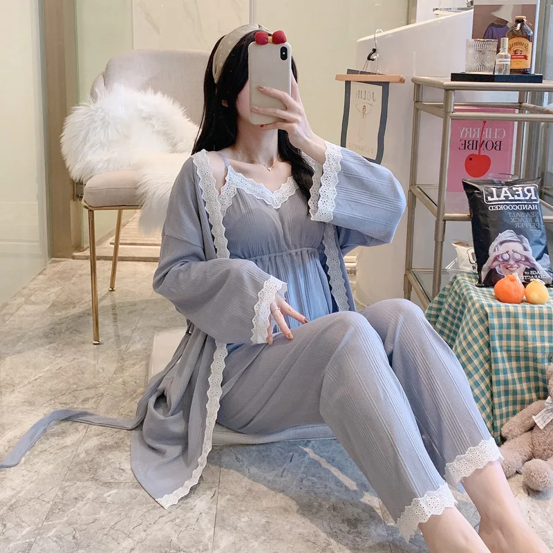 3Pcs/Set 100% Cotton Pregnancy Pajamas Long Sleeve For Spring Autumn Nursing
