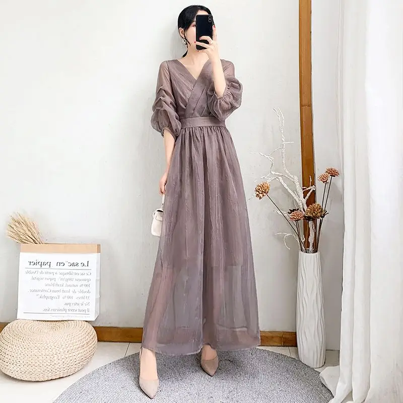 

Summer chiffon dress for women Fashion Purple Slim long mesh tulle dress female waist elegant summer dress woman 2023 trendy