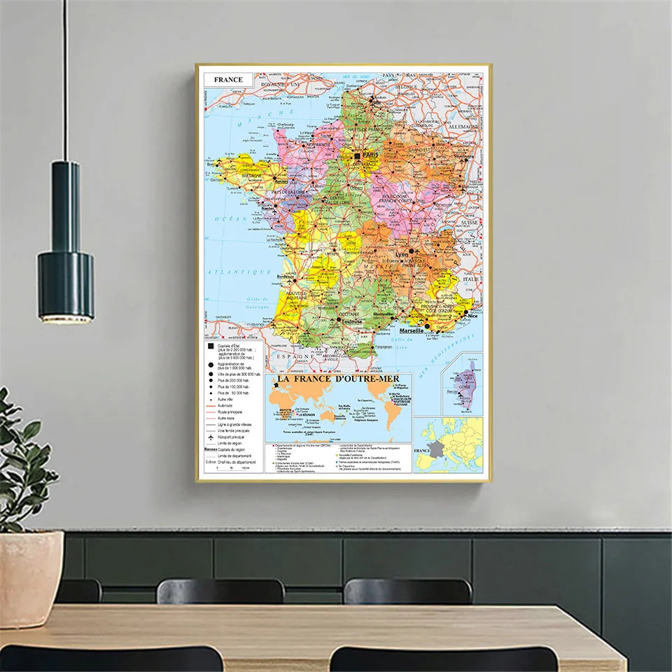 100*150cm The France Political Map In French Large Poster Non-woven Canvas Painting Living Room Home Decor School Supplies