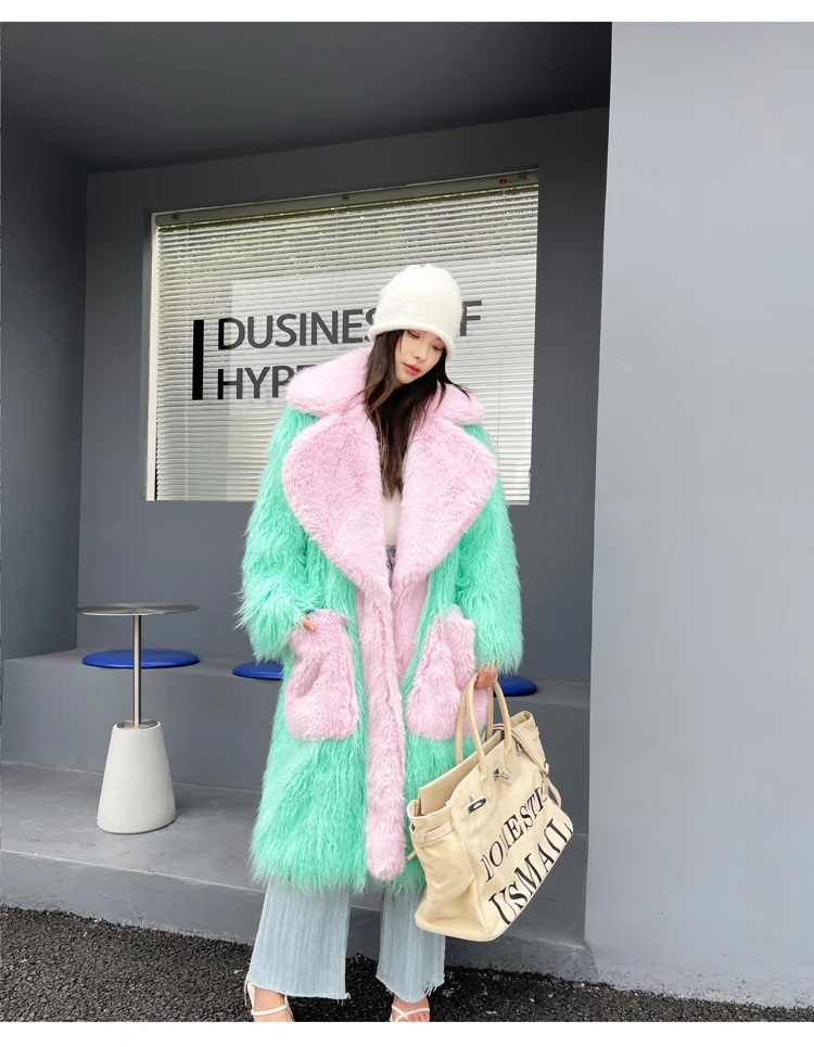 

Pale Green Lapel Faux Fur coat Long Fashion Loose Furry Jacket Women's Clothing Free Shipping