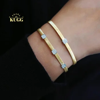 KUGG 18K Yellow Gold Bangle Vintage Handmade Texture Design Metal Style Real Natural Diamond Bangle for Women Party Jewelry