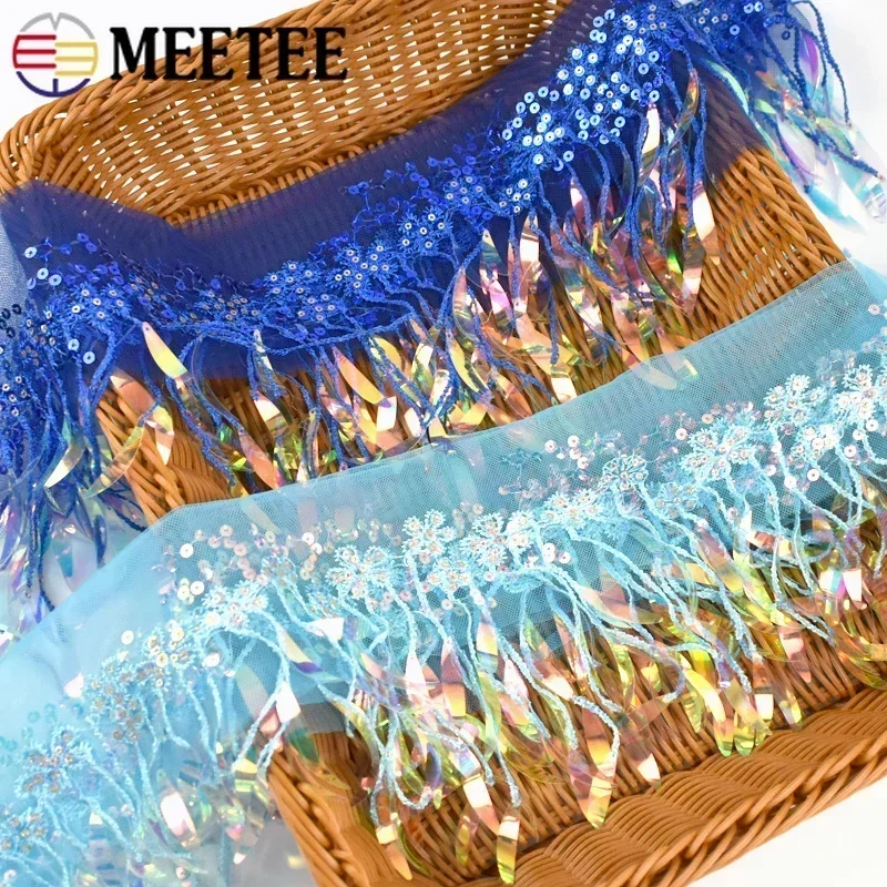 1/2 야드 Meetee 15cm 봉제 태슬 프린지 스팽글 메쉬 레이스 트림 드레스 리본 밴드 태슬 패브릭 의류 트리밍 액세서리
