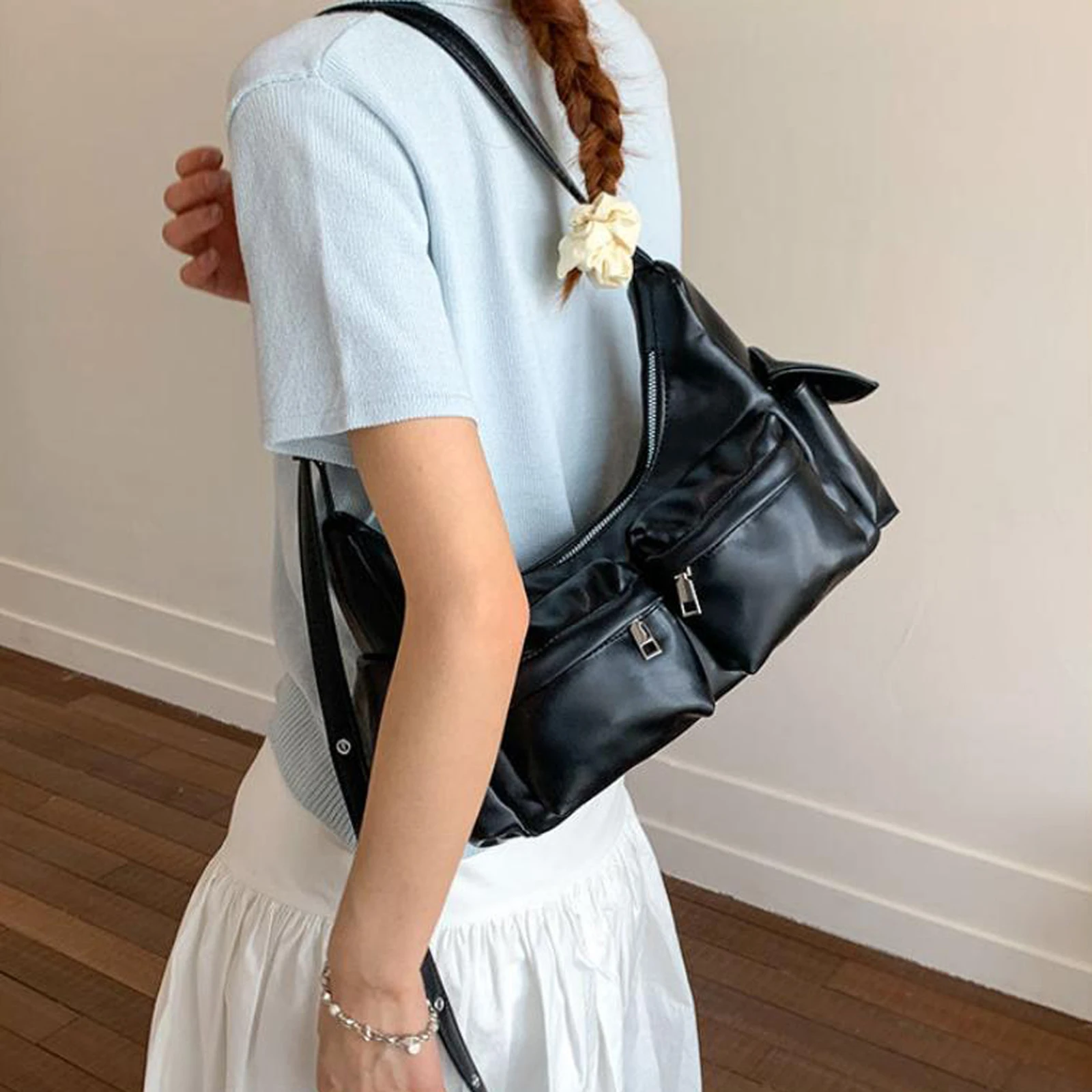 Women Girls PU Leather Underarm Shoulder Tote Bag with Zipper Shoulder Underarm Bag Adjustable Straps for Dating School Shopping