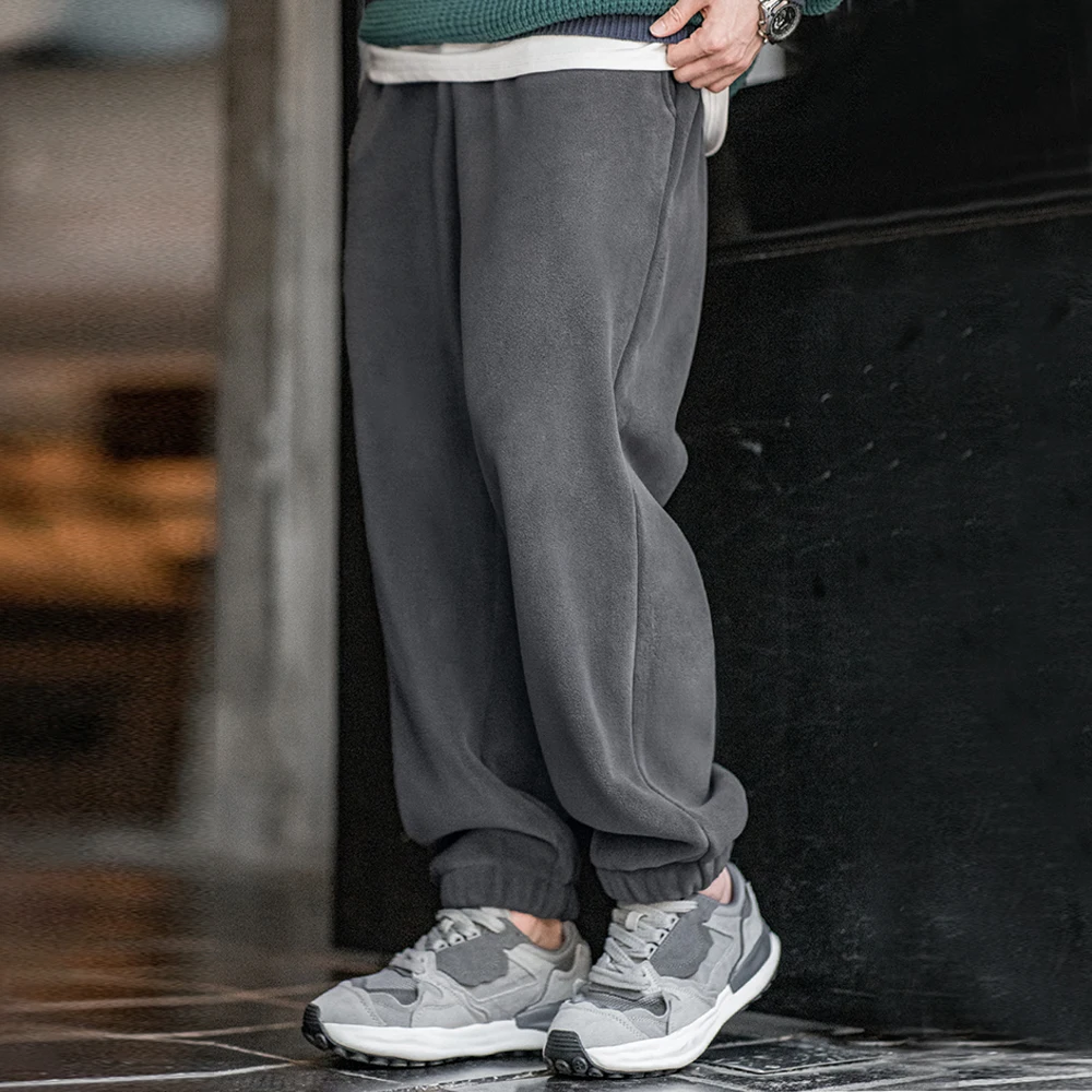 Maden Men's Casual Polar Fleece Cuffed Sweatpants Solid Color Elastic Waist Fleece-lined Pants Warm Sports Straight-leg Trousers 2