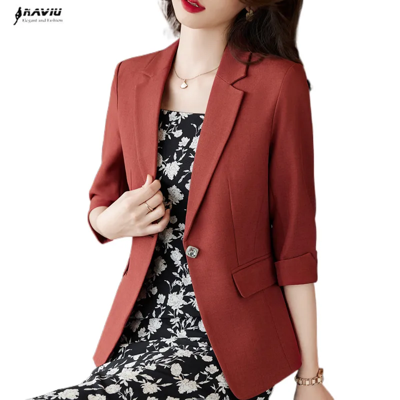 

NAVIU White Blazer Women Summer Temprament Thin Slim Casual Half Sleeve Professional Jacket Office Ladies Work Coat Black