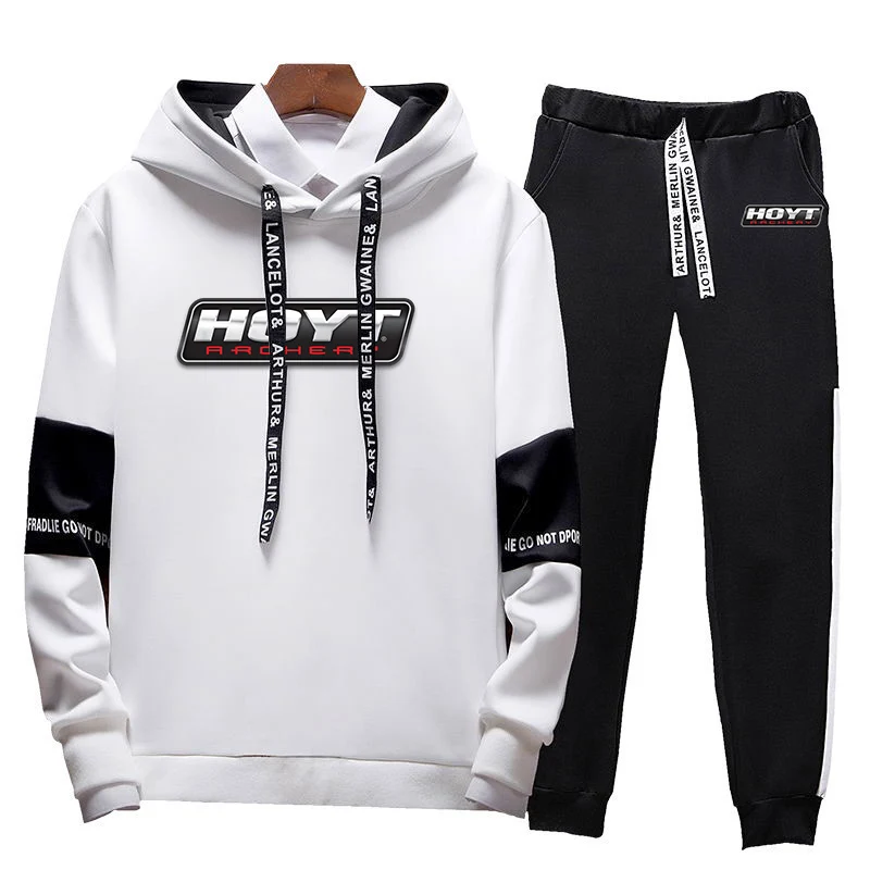Spring and Autumn 2023 men's new Hoyt archery style lace-up printing high-quality fashion hoodie+pants two-piece suit