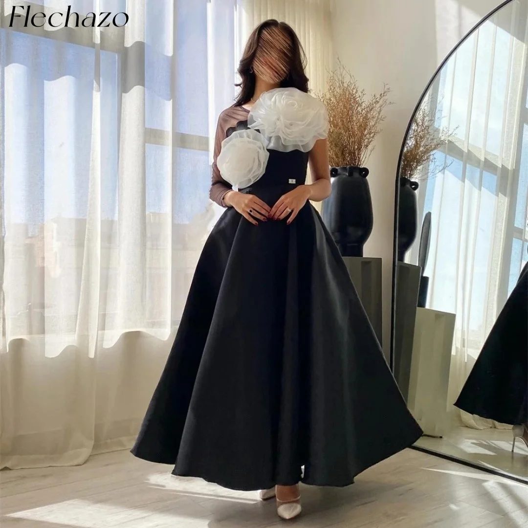 

Flechazo Black Satin Prom Dresses One Shoulder A Line Flower Wedding Party Evening Ball Gown For Women 2024 vestidos de fiesta
