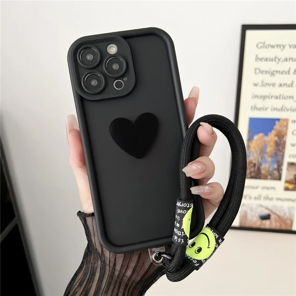 3D Love Heart Wrist Chain Phone Case with Lanyard Cover