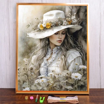 Kit de broderie à motif de fille de fleur, point de croix, salon, à la mode, matériel de couture imprimé 11CT, ensemble de fils de coton 1