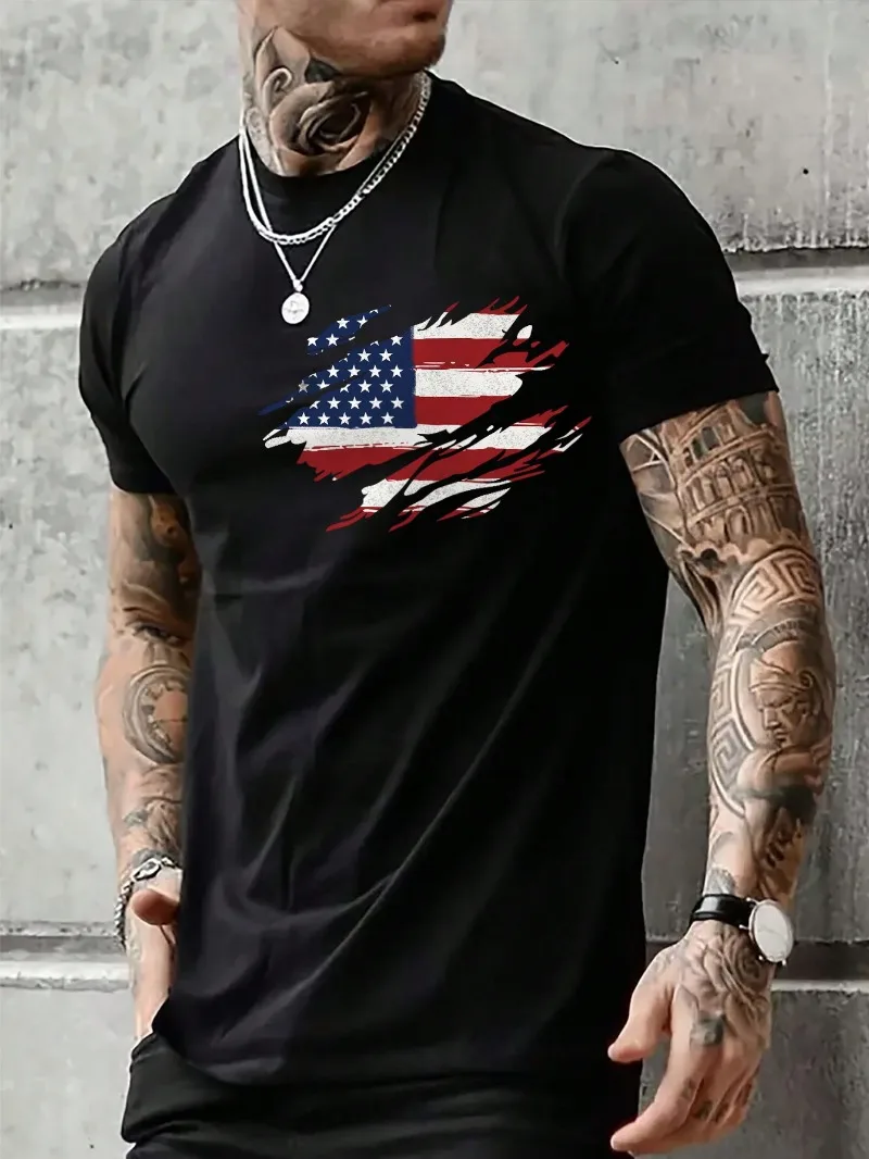 

Men's T-shirt American Flag Graphic Print Round Neck Short Sleeve Design Feel Loose and Comfortable Summer New Short Sleeve