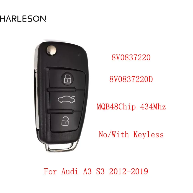 Keyless számára audi A3 S3 2012 2013 2014 2015 2016 2017 2018 2019 433mhz 8V0 837 220 D 8V0837220D / 8V0837220 Zárkózott kulcs Órazseb