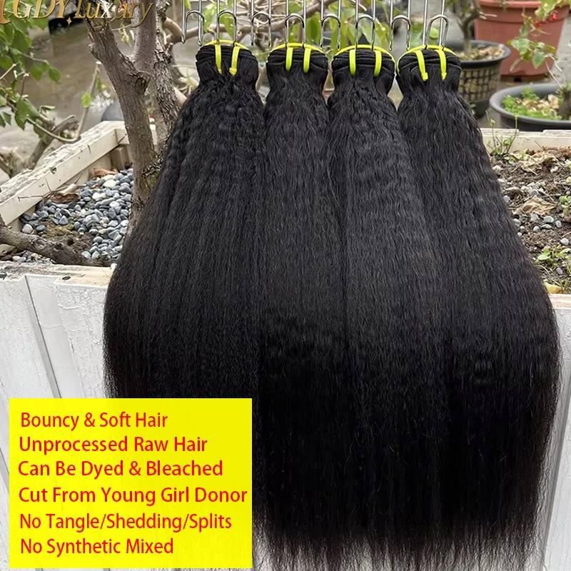Double Drawn Kinky Straight Hair Bundles 100% Human Hair Weave Vietnamese Raw Hair Bundles Coarse Yaki Extension Full Thick #1B 4