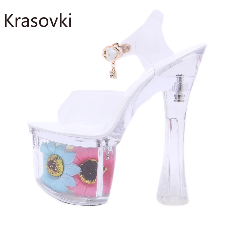 

Krasovki 17cm Plastic Synthetic Sexy Boots Dancing Elegance Flower Summer Platform Wedge Women Big Size Sandals Crystal Shoes
