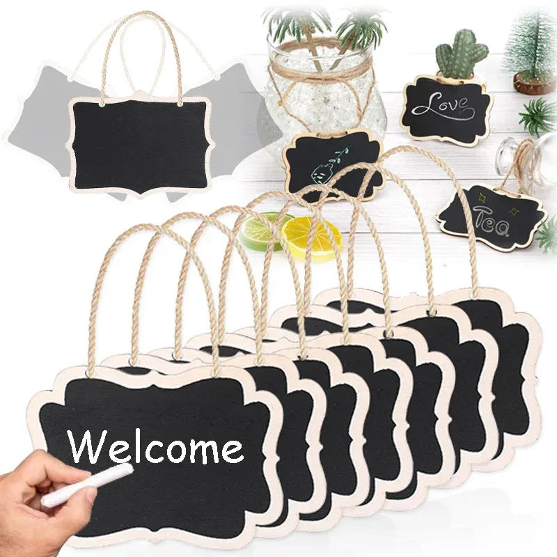 10PCS 미니 나무 칠판 표시(6x8cm) - 양면, 교수형 끈 포함, 메시지, 라벨..