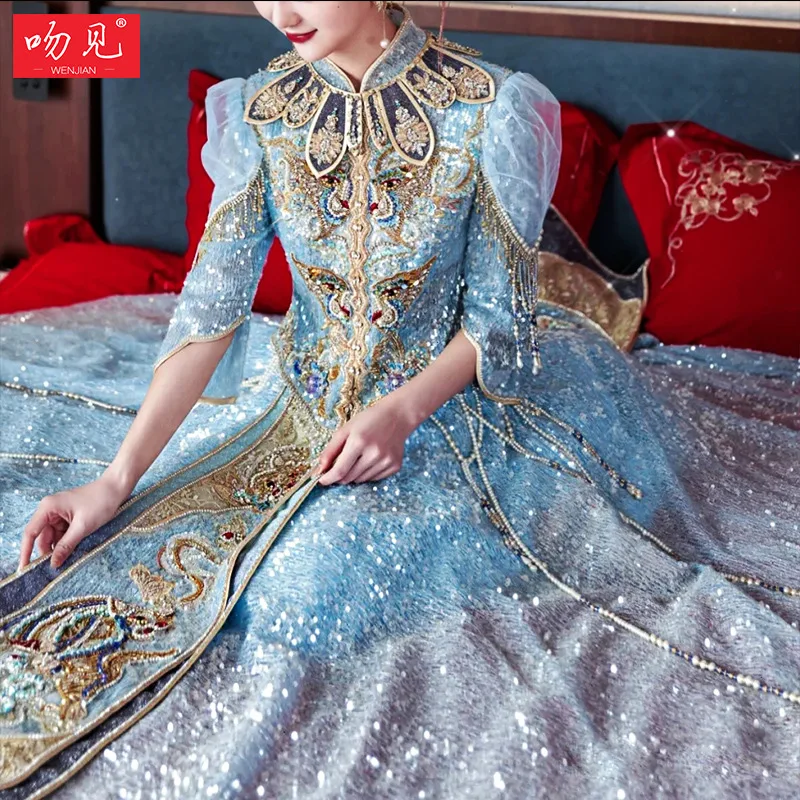 

Summe Chinese Traditional Wedding Dress Blue Sequins Pearl Classic Cheongsam China Qipao костюм для восточных