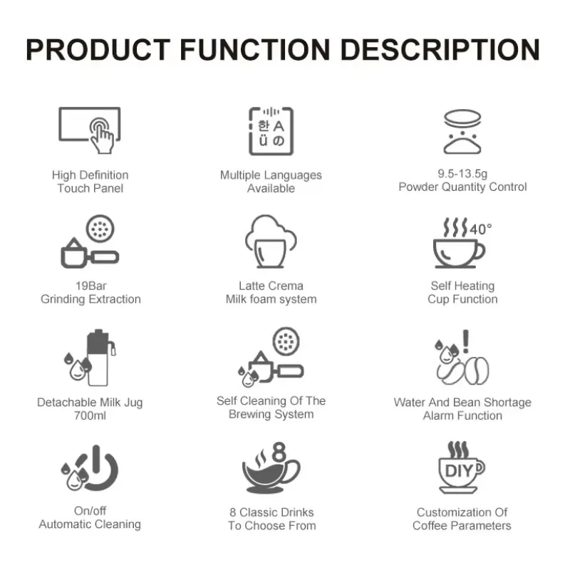 19Bar Ulka Pump Electric Milk Frother Milk Box One Touch Bean To Cup Cappuccino Latte Home Office Use Automatic Coffee Machine 6