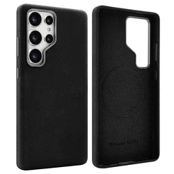 Premium Faux Suede Leather Magnetic Phone Case with Metal Camera Lens and Wireless Charging Capability - Galaxy S25 Ultra (Black)