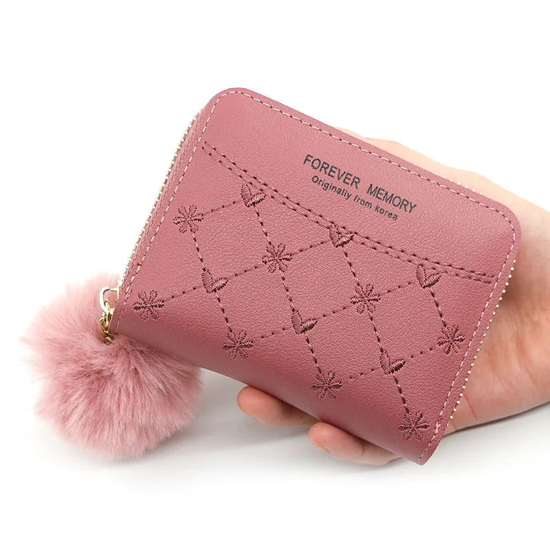 

Women's Small Embroidered Wallet with Hairball Tassel Ladies Pu Leather Zipper Coin Purses Credit Card Holder Clutch Money Bag