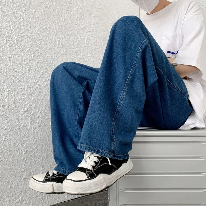 Men's Denim Pants Fashion Loose Wide Leg Jeans Casual Streetwear Printed Cross Trousers Pure Cotton Pants Baggy Men Jeans