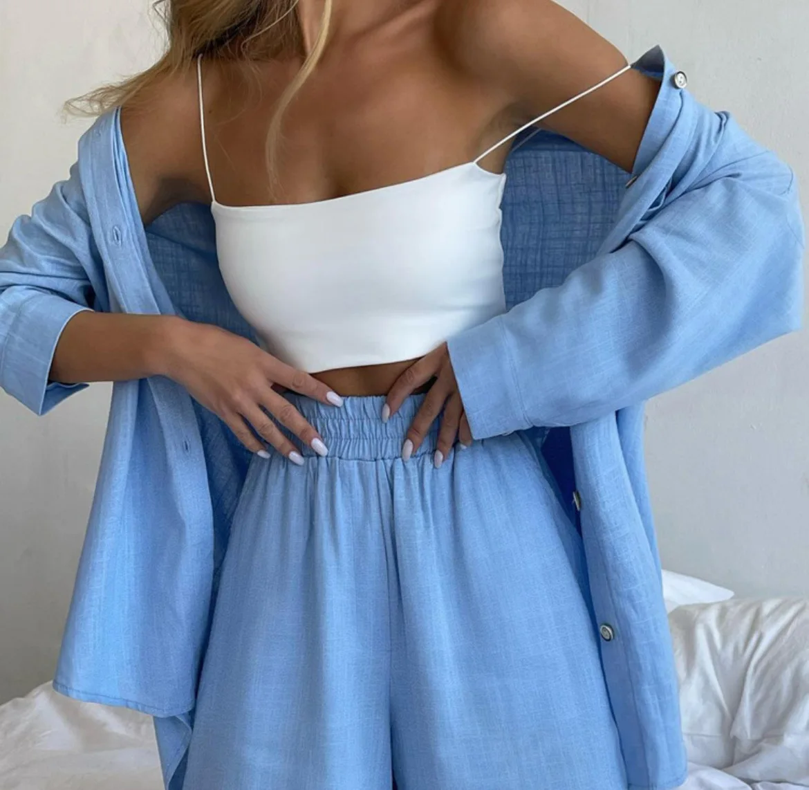 2024 Summer Women's Suit Shirt and Short Sets Solid Color Casual Cotton and Linen Blouse and Shorts Two Piece Sets Women Outfit