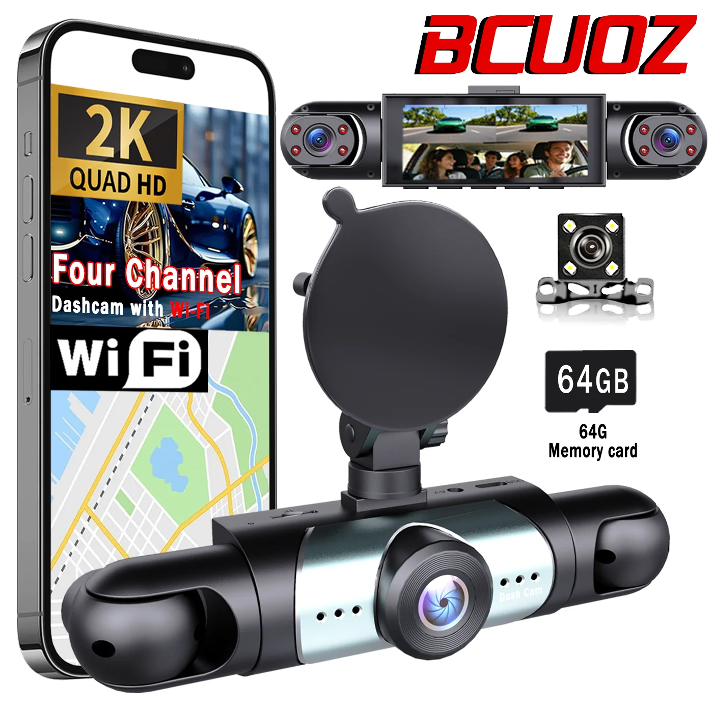2K Dash Cam 4-Channel Front/Rear/Left/Right Cameras with Infrared Night Vision