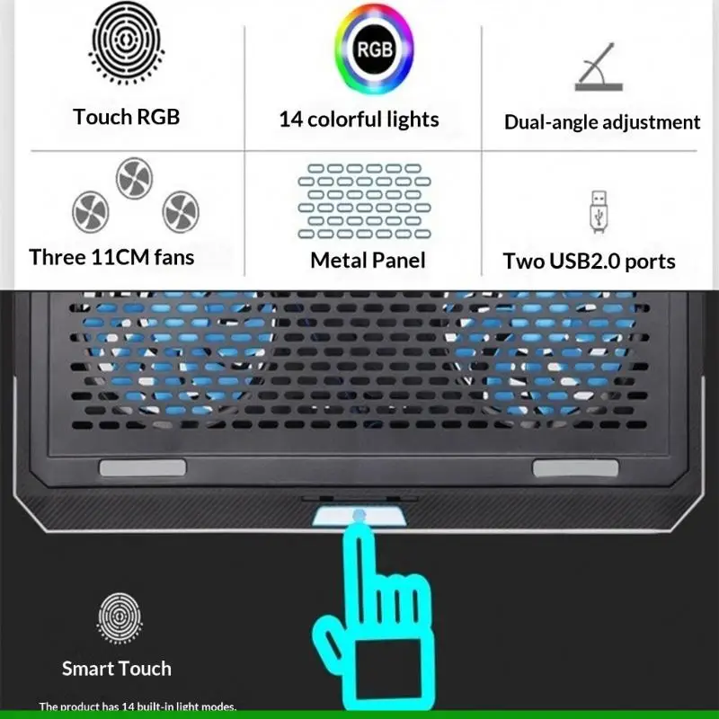 U55C 조정 가능한 노트북 냉각 스탠드 RGB 효과 터치 컨트롤 휴대용 접이식 무음 팬 열 방출