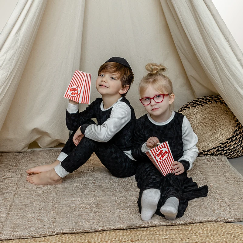 Kinder kleidung 2 stücke set colorblock pyjamas terry überprüft kinder kleidung junge/mädchen kleidung rundhals langen ärmeln für alle jahreszeiten – Detail 7