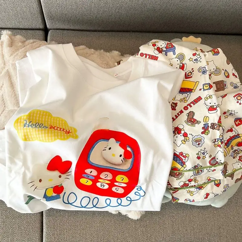 

Новинка, симпатичный пуловер Sanrio, комплект домашней одежды, весенне-осенний хлопковый пижамный комплект с длинным рукавом из мультфильма HelloKitty, подарок на день рождения