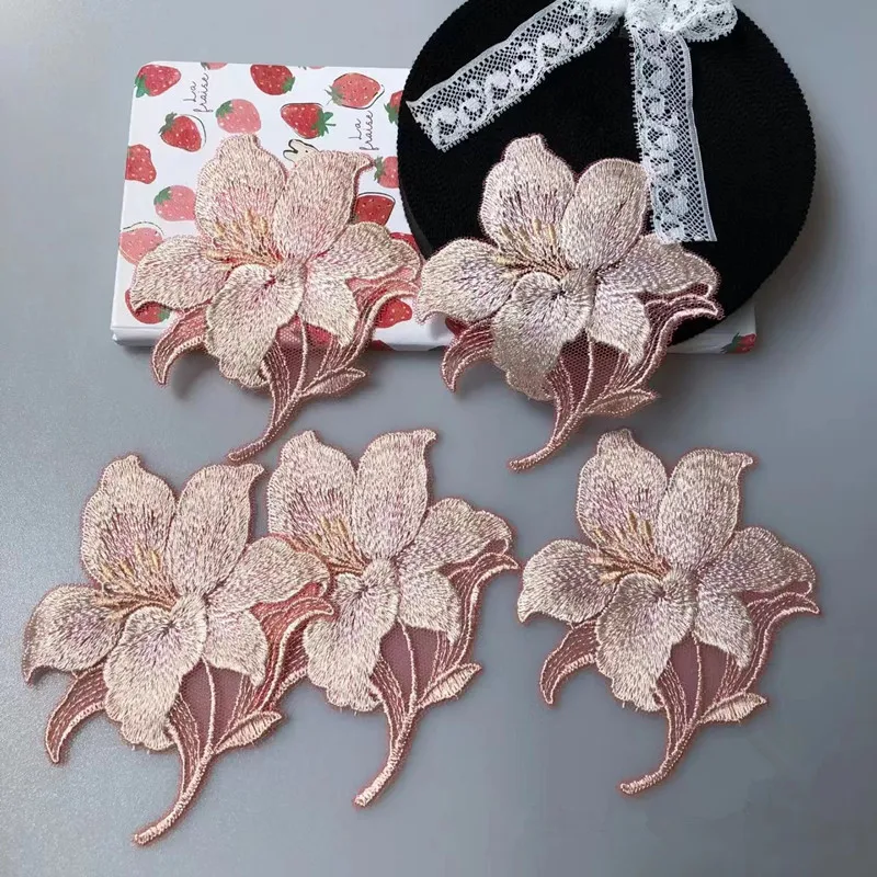 Shiny Flesh Pink Mixed Hollow Gradient Sewing Motif Venise Lace Applique for Garment Embroidery Lace Patches 5Pcs/Lot 10*9cm