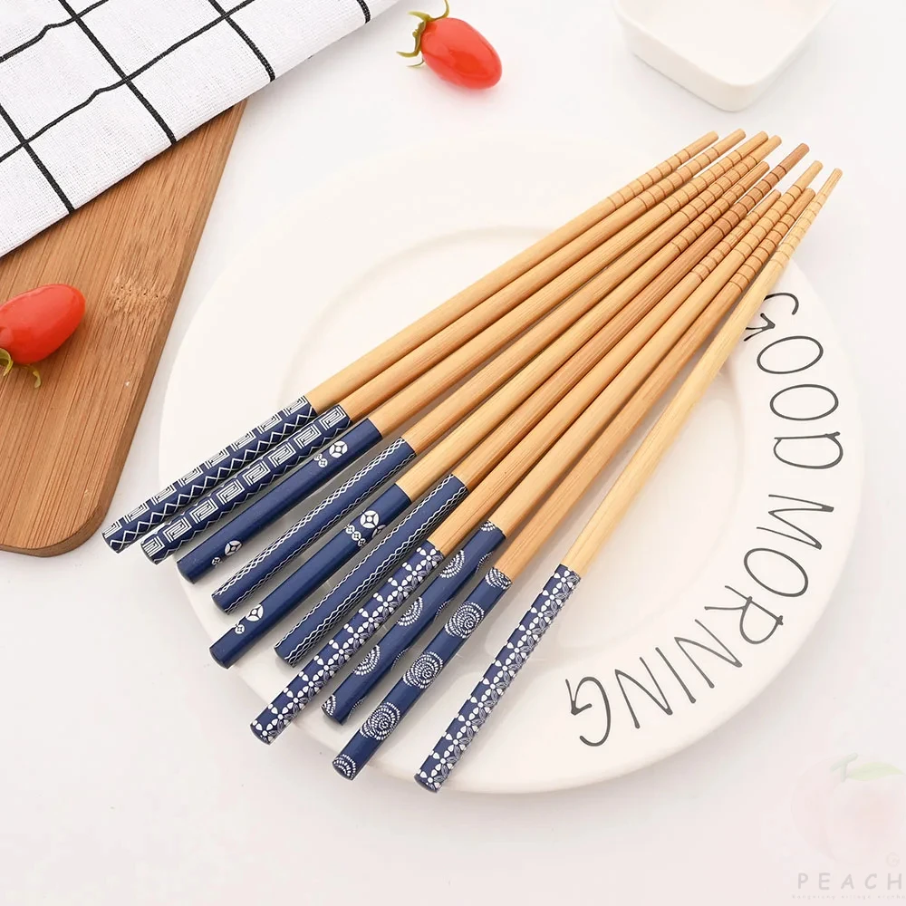 Wooden Chopsticks Reusable 5Pairs Handmade Bamboo Japanese Natural Sushi Food Cat Flower Multi Color