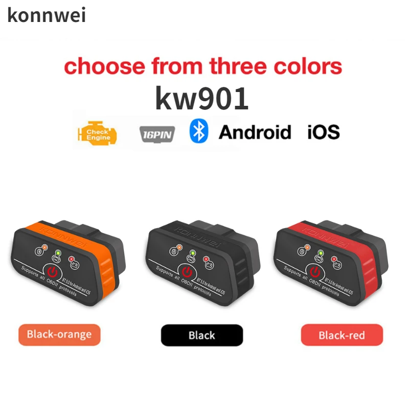 

Konnwei Kw901 Car ELM327 V1.5 Bluetooth 5.0 OBD2 Scanner Auto Scan Tools Wireless OBD Fault Diagnosis Instrument for Android/IOS