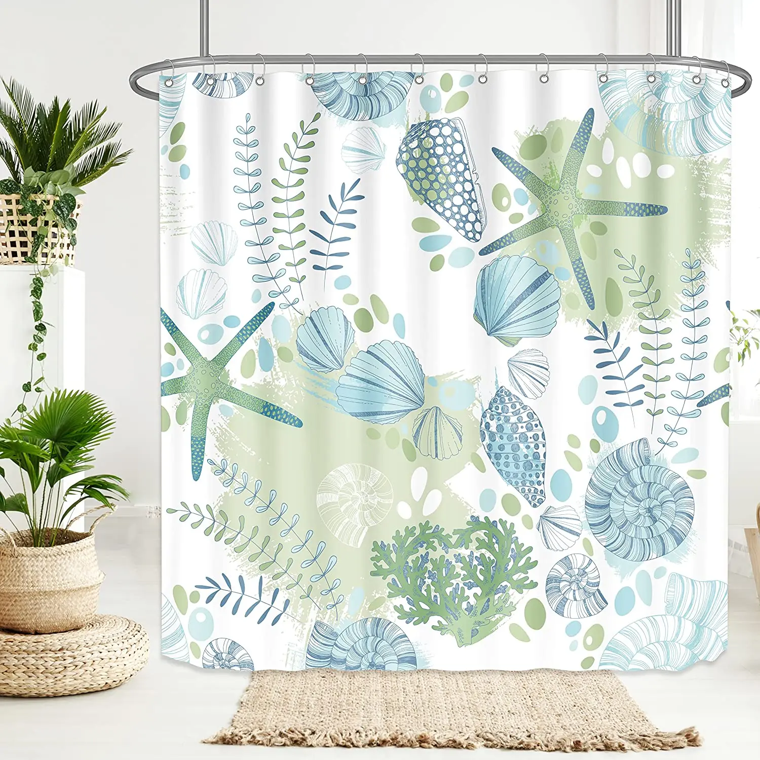 Nautical Coastal Shower Curtains Starfish Seashell Coral Reef Tropical Ocean Beach Marine Life Fabric Bathroom Decor with Hooks 6