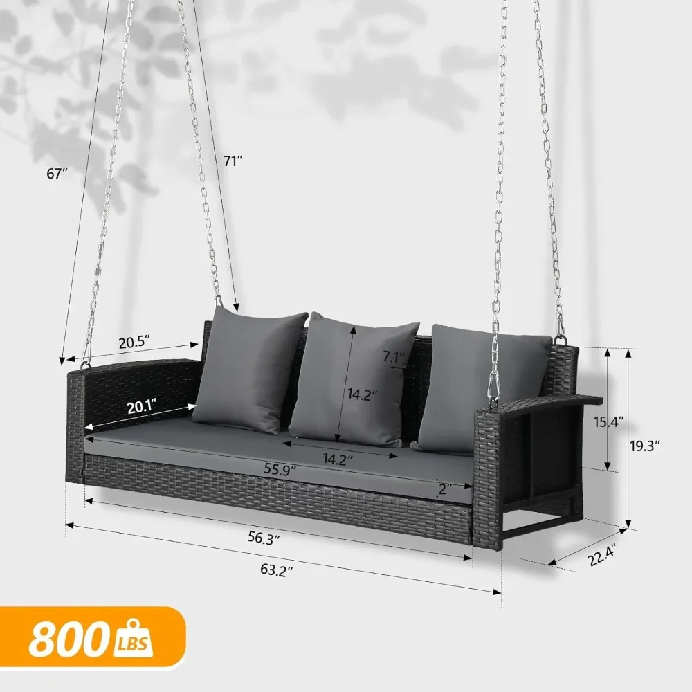 5 FT Rattan Porch Swing Outdoor Support 800 LBS with Cushions & Adjustable Chains, Patios Wicker Swings Bench Chair, Patio Swing