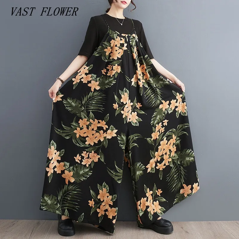 

strap oversized Vintage floral Jumpsuit Women High Waist Sashes Fashion Temperament Loose Casual Wide Leg Pants Summer 2023