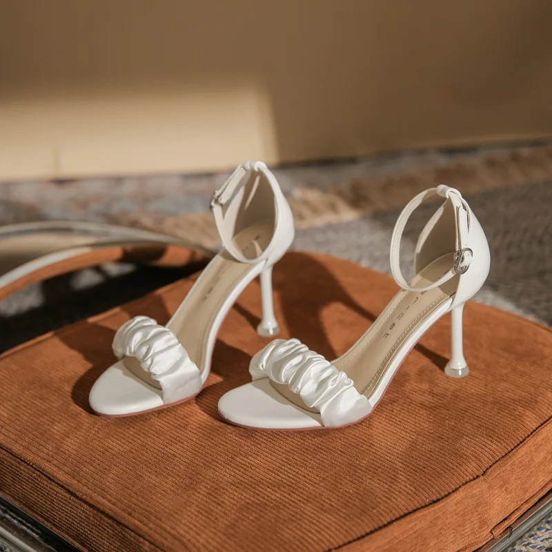 

Summer Women Sandals Shallow PU 8CM Thin Heels Buckle Strap Cover Hee One Character Strip Dress Women's Shoes Black Satin