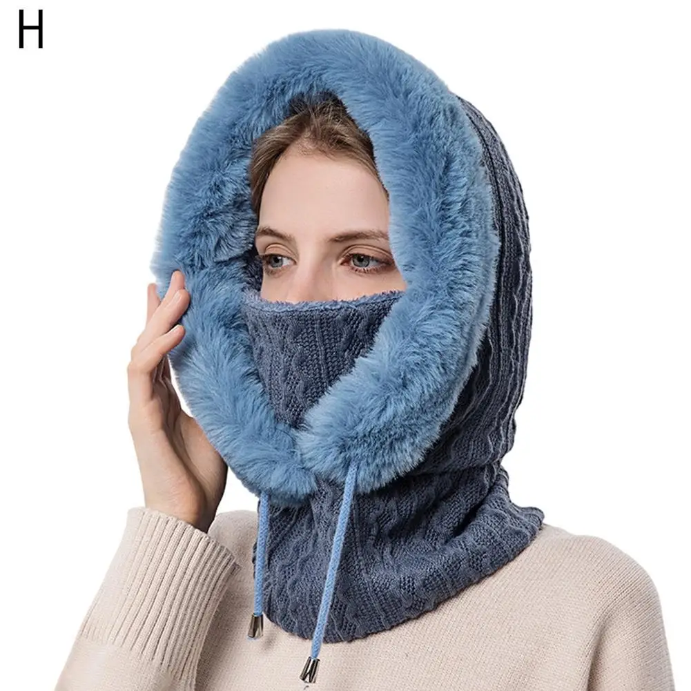 Winter Fur Cap Mask Set Hooded for Women Knitted Cashmere Neck Warm Balaclava Ski Windproof Hat Thick Plush Fluffy_voghion.com