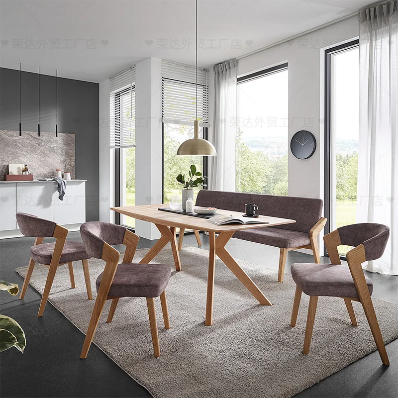 

Nordic solid wood bench restaurant dining chairs with backrest against wall dining table benches, simple modern double three